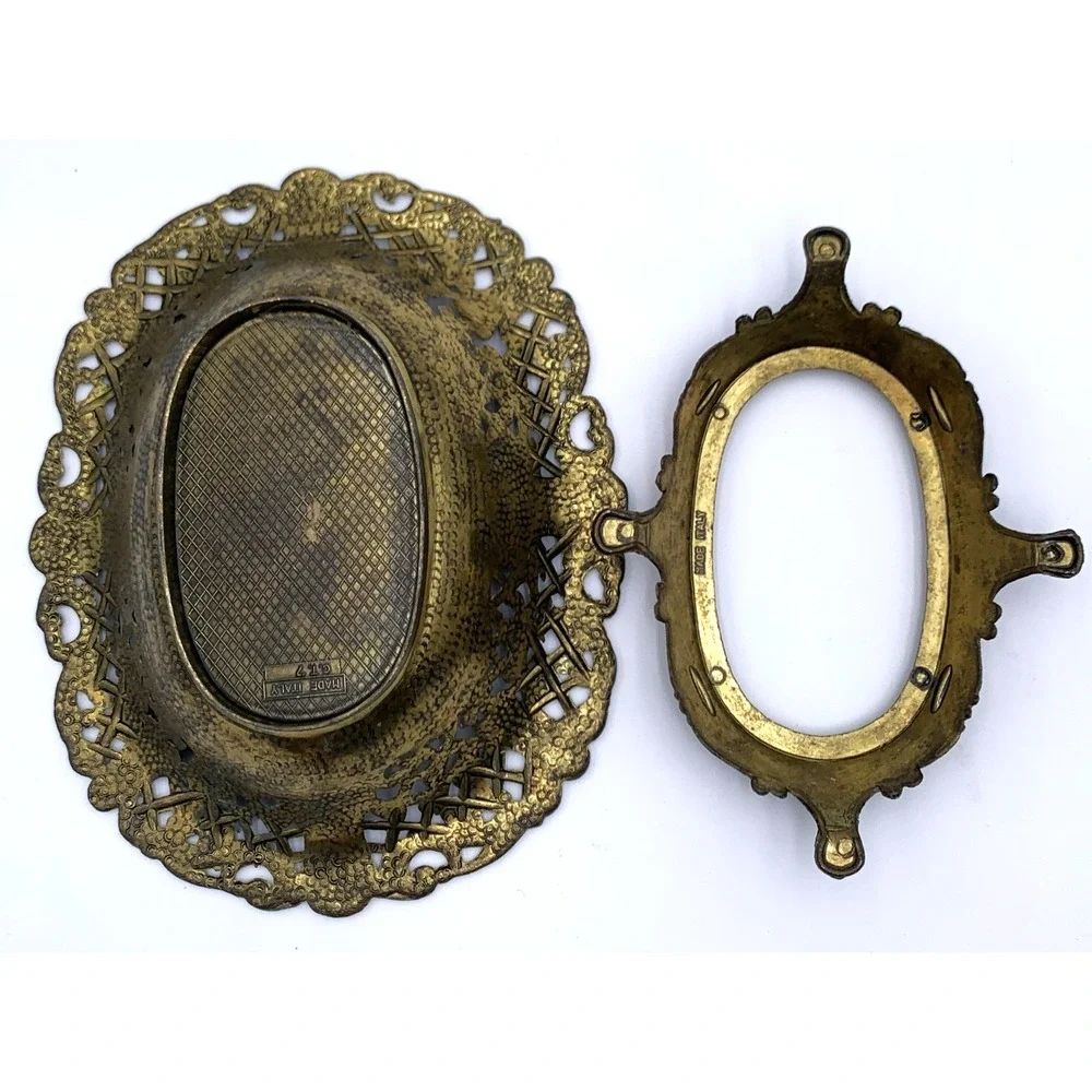 Brass Patina Ornate Reticulated Oval 2pc Basket Base Potmetal Italy CT7 Vtg 60s